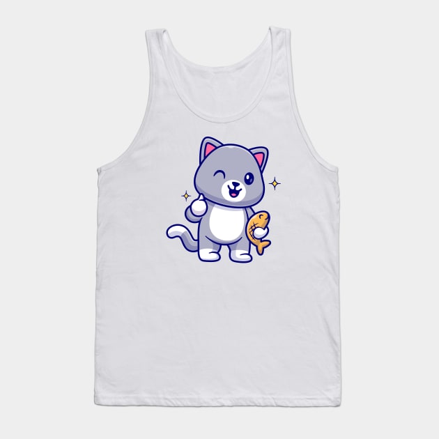 Cute Cat Holding Fish With Thumb Up Cartoon Tank Top by Catalyst Labs